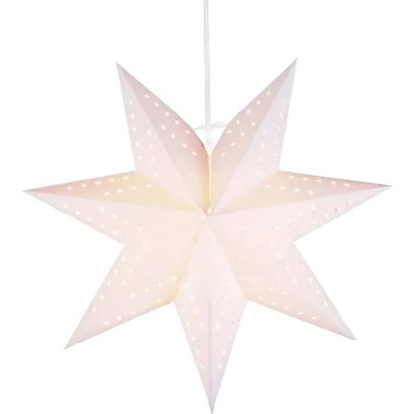 The Light: Star Trading Bobo Star White is an eight-pointed decorative paper lantern with small perforations, illuminated from within—ideal for adding stylish indoor lighting to any space.