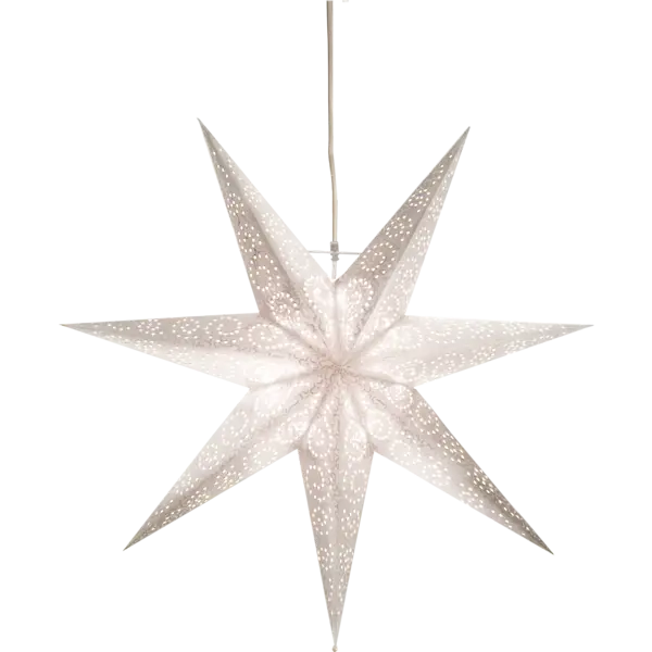 A 23.62-inch white, star-shaped lamp with a perforated design, from the Star Trading Antique collection, hanging elegantly from a cord.