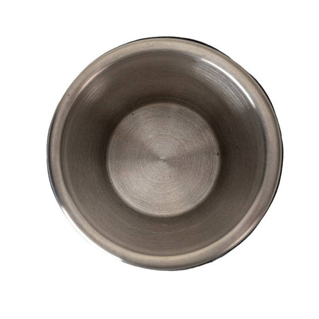 A top-down view of the Medieval Dragon Shot Glass, featuring an empty resin body with a stainless steel insert, set against a white background.