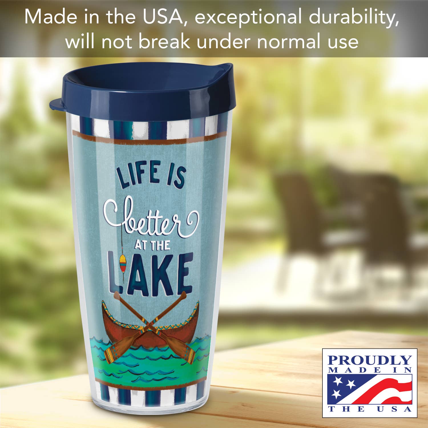 The 22 oz. "Life is Better at the Lake" double wall insulated tumbler showcases two canoes and comes with a blue lid. Its durable construction is complemented by the convenience of being dishwasher safe. Proudly made in the USA, this tumbler is both practical and charming.