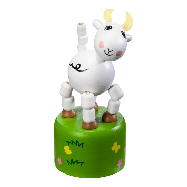 Retro toy alert! The Farm Fresh Fainting Goat Puppet features articulated legs and stands on a green grass-and-flowers base—a charming retro addition to any collection.