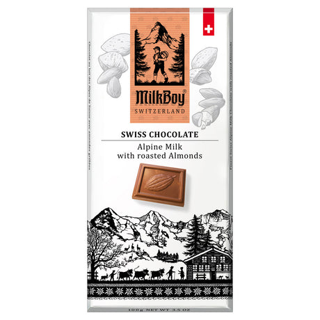 The Milkboy Swiss Alpine Chocolate Bar packaging highlights its rich alpine milk and roasted almond flavor. The design, featuring a mountain scene and Swiss flag, emphasizes this gluten-free delight in an 85g (3 oz) masterpiece.