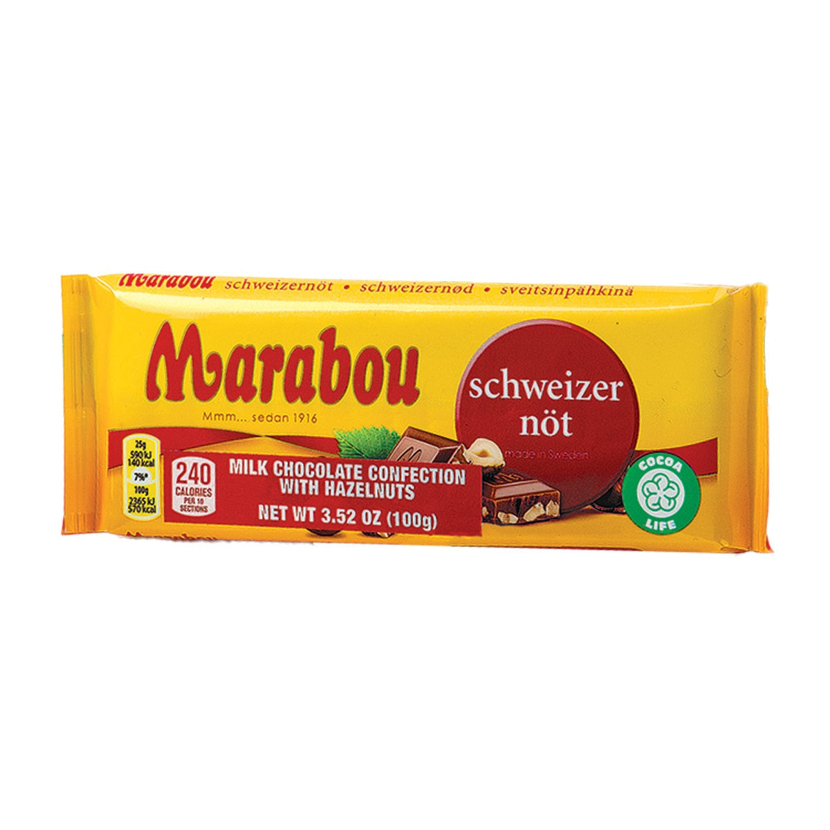 The Marabou Schweizernot Milk Chocolate with Hazelnuts Bar comes in a yellow wrapper and features an illustration of hazelnuts. It contains 240 calories per 7 pieces and has a net weight of 3.52 oz (100g).