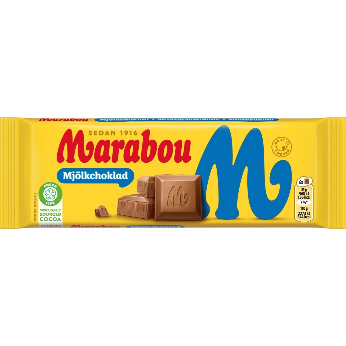 The yellow Marabou Original Milk Chocolate package features blue and red text, illustrations of chocolate pieces, and a sustainability label. It promises the delightful richness of cocoa butter in every bite.