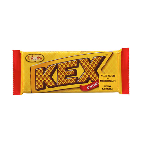 The Cloetta Kex Chocolate Covered Wafer boasts its delightful offering in a yellow wrapper, inviting indulgence in Milk Chocolate Covered Wafer Bars with a satisfying net weight of 1.9 oz (55g).