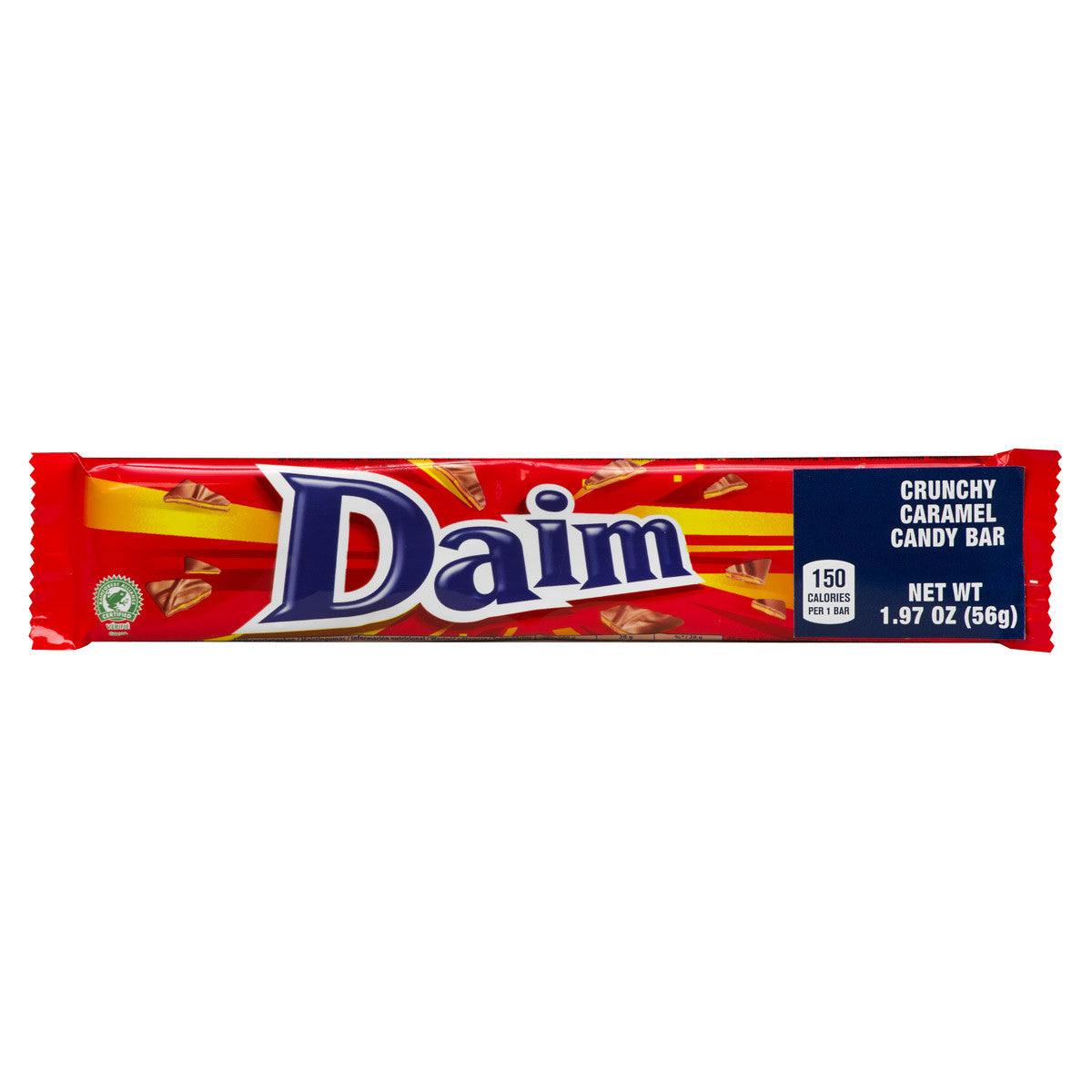 A 56g Daim - Crunchy Caramel Chocolate Bar in a red wrapper with white and blue text, caramel illustrations, and nutrition info.