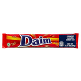 A 56g Daim - Crunchy Caramel Chocolate Bar in a red wrapper with white and blue text, caramel illustrations, and nutrition info.