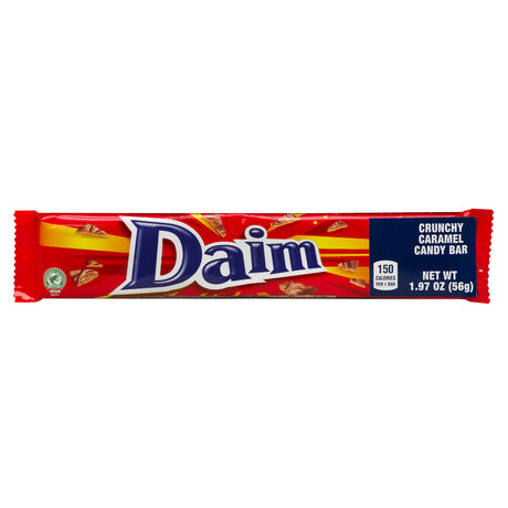 A 56g Daim - Crunchy Caramel Chocolate Bar in a red wrapper with white and blue text, caramel illustrations, and nutrition info.