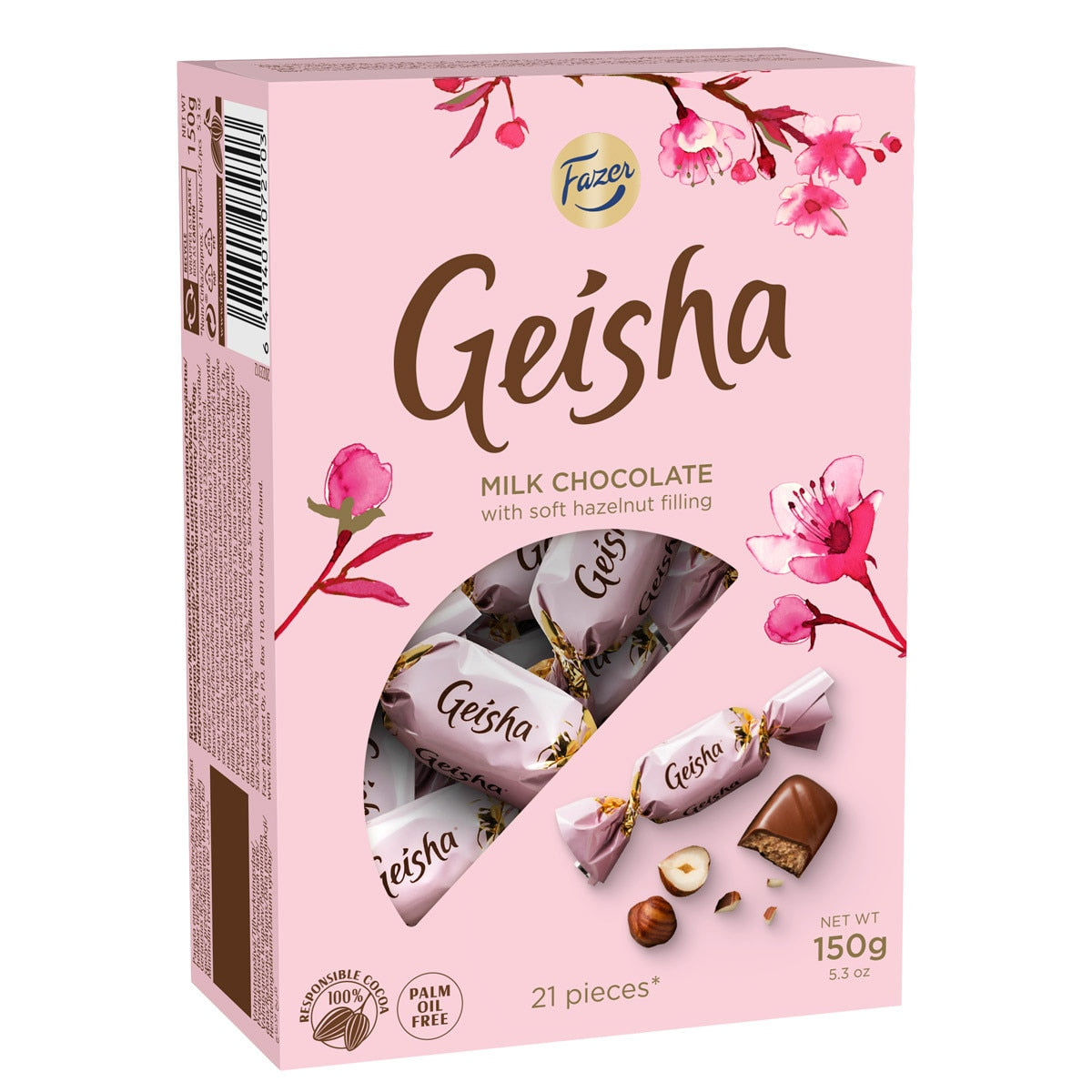 A 5.3oz box of Fazer Geisha Milk Chocolate with soft hazelnut filling displays floral designs and showcases both wrapped chocolates and a cut piece. Made in Finland.