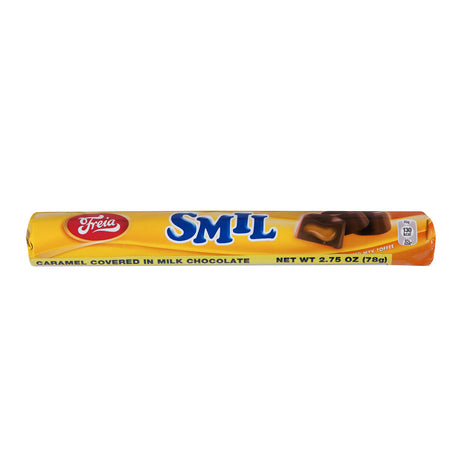 The Freia Smil Milk Chocolate Caramel Roll, weighing 78g, features a vibrant yellow wrapper with red and blue branding, adorned with enticing images of milk chocolate squares filled with luscious caramel.
