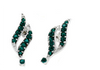 These May Emerald Beautiful Spiral Silver Earrings feature a curved, leaf-like design adorned with green Swarovski® crystals for an elegant touch.