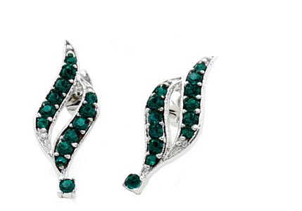 These May Emerald Beautiful Spiral Silver Earrings feature a curved, leaf-like design adorned with green Swarovski® crystals for an elegant touch.