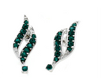 These May Emerald Beautiful Spiral Silver Earrings feature a curved, leaf-like design adorned with green Swarovski® crystals for an elegant touch.