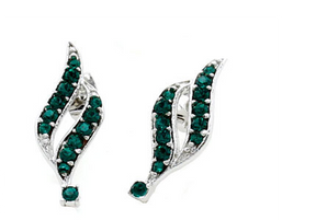These May Emerald Beautiful Spiral Silver Earrings feature a curved, leaf-like design adorned with green Swarovski® crystals for an elegant touch.