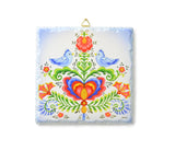 Tile: Scandinavian Lovebirds Folk-art Ceramic Tile Deluxe Plaque with Cork Back and Hanger 6.25"x6.25"