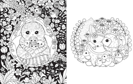 Two black-and-white coloring pages from A Million Baby Animals Coloring Book by Lulu Mayo: one shows a mother owl with owlets among flowers, the other a fox and squirrel with birds—ideal for kids and adults who love to color!.
