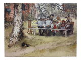 Children and a woman gather around a long outdoor table in a garden with trees, grass, and a brick building, reminiscent of the charm found in "Breakfast Under the Big Birch" by Carl Larsson (1853–1919), Print on Canvas.