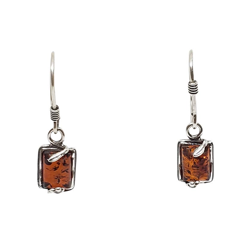 Cognac Baltic Amber .925 Silver Rectangle Hook Earrings feature sterling silver adorned with genuine Baltic amber stones in a decorative design.