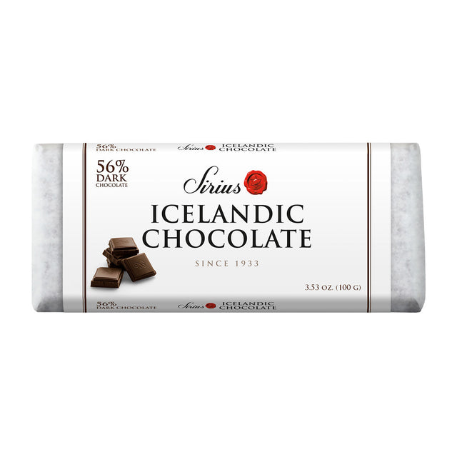 A 100g bar of Sirius Icelandic Chocolate—56% dark chocolate with Bourbon vanilla—in white packaging, featuring chocolate squares and detailed branding.
