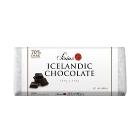 Enjoy a 100g bar of Sirius Icelandic Chocolate - 70% Dark Chocolate. The white wrapper features pieces of chocolate with black and red details, making it ideal for gourmet desserts.
