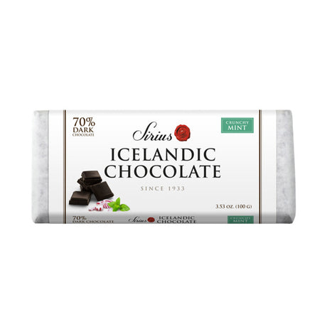 A 100g Sirius Icelandic Chocolate bar, 70% dark with crunchy mint, in white packaging decorated with chocolate squares and mint leaves.
