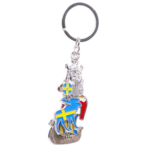 The keychain features a Viking figure, blue and yellow flag, and striking Viking Ship, all connected by a sturdy metal ring. Part of the Key Ring: Dala Horse, Viking, Moose, and Viking Ship collection.