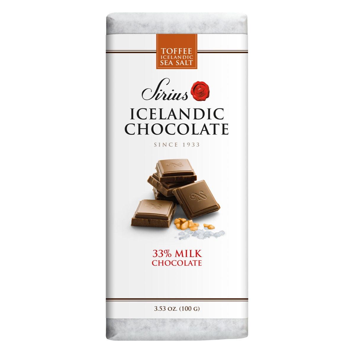 A bar of Candy Sirius Icelandic Milk Chocolate with Toffee in white packaging, featuring chocolate squares and salt pieces. Contains 33% milk chocolate, weighing 3.53 oz (100 g).