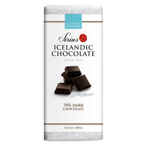 A 100g bar of Sirius Icelandic Chocolate—70% dark chocolate with sea salt—features an image of chocolate pieces and salt crystals on the wrapper.