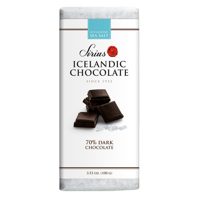 A 100g bar of Sirius Icelandic Chocolate—70% dark chocolate with sea salt—features an image of chocolate pieces and salt crystals on the wrapper.