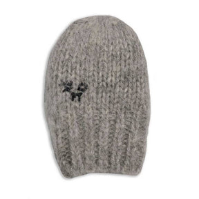 A pair of light grey knitted mittens, lovingly crafted, showcases a small black emblem on the side.