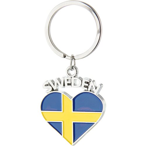 The Keychain: Sweden Flag Heart Keychain features a heart-shaped pendant with the Sweden flag and "Sweden" above it—a perfect Swedish souvenir to keep a piece of Sweden with you wherever you go.