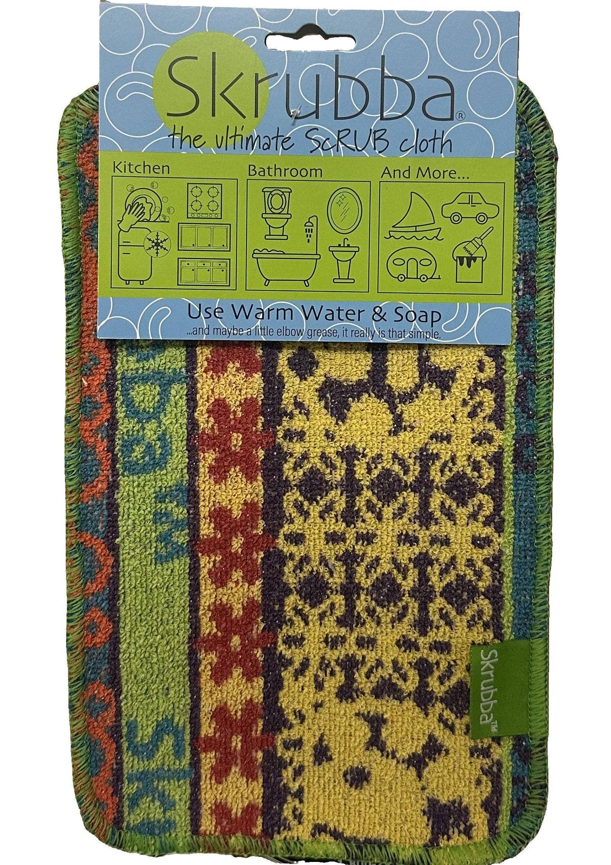 The Scrubbie: Skrubba XL Scrub Cloth features green, yellow, red, and orange patterns for abrasive yet scratch-free cleaning. Comes with a label outlining household uses and eco-friendly care instructions.