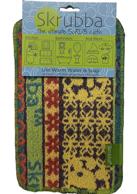 The Scrubbie: Skrubba XL Scrub Cloth features green, yellow, red, and orange patterns for abrasive yet scratch-free cleaning. Comes with a label outlining household uses and eco-friendly care instructions.