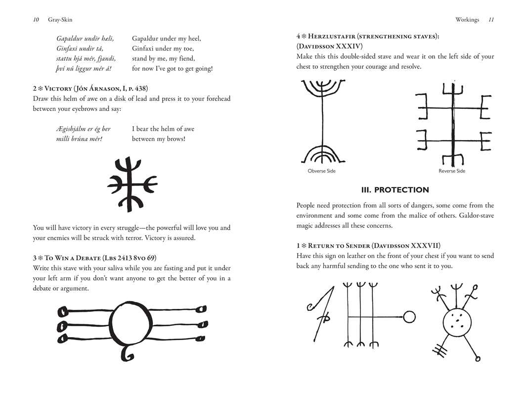 Open book pages displaying handwritten runes, Norse spells, and Galdrabók-inspired Icelandic symbols in English and Old Norse.