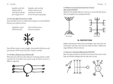 Open book pages displaying handwritten runes, Norse spells, and Galdrabók-inspired Icelandic symbols in English and Old Norse.