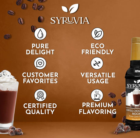 Product image for Syrup: Swiss Chocolate Mocha Syrup - Syruvia with Pure Cane Sugar, featuring pure delight, authentic Swiss chocolate, eco-friendly, customer favorite, versatile use, certified quality, gluten-free & premium flavor.