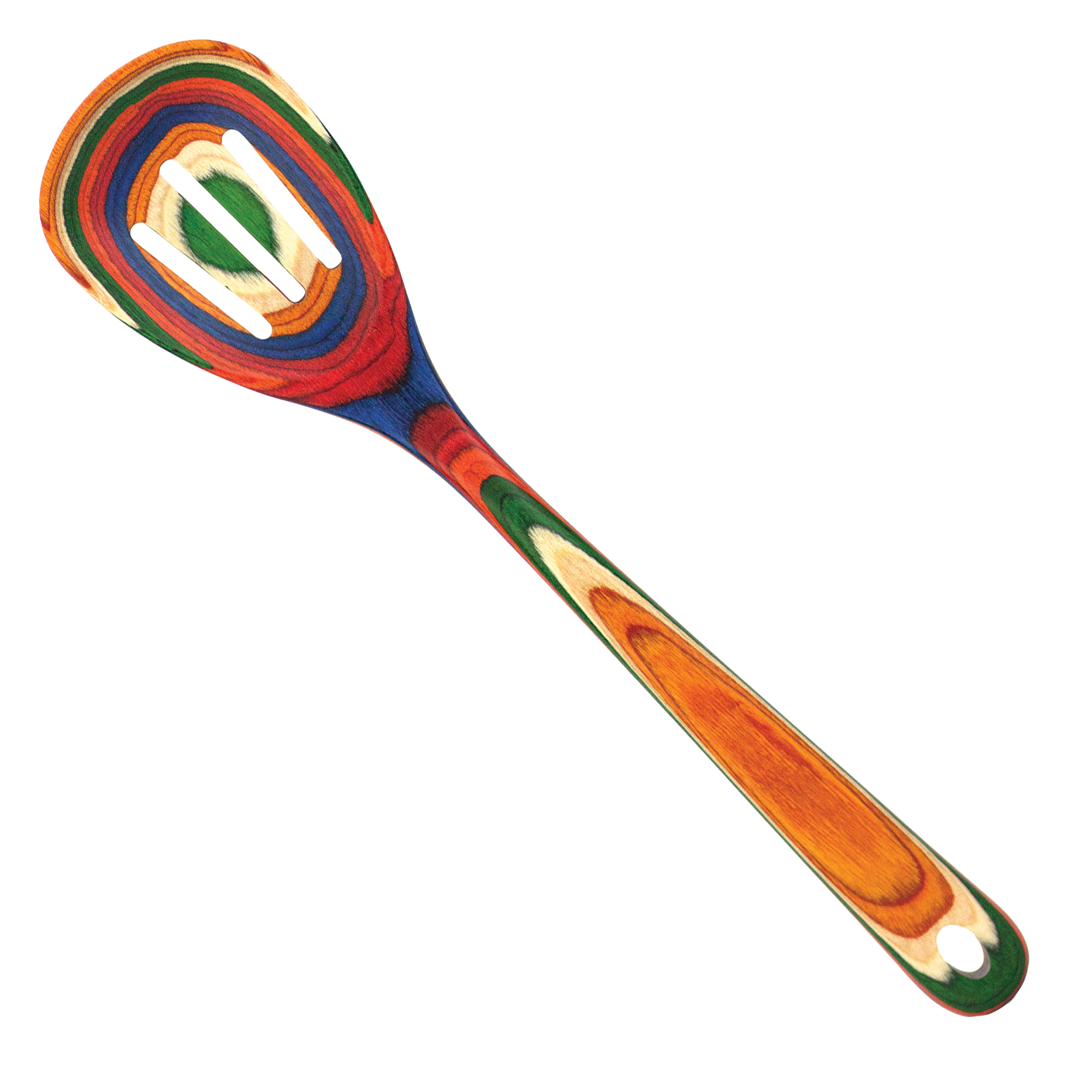 The Utensil: Marrakesh Collection Slotted Wooden Cooking Spoon showcases vibrant multicolored stripes of orange, red, blue, green, and natural wood; its non-stick safe and displayed on a clean white background.