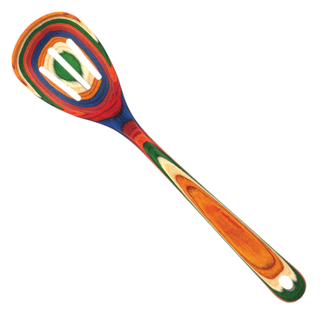 The Utensil: Marrakesh Collection Slotted Wooden Cooking Spoon showcases vibrant multicolored stripes of orange, red, blue, green, and natural wood; its non-stick safe and displayed on a clean white background.