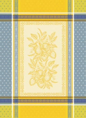 Add jacquard woven charm to your kitchen with this 20"x28" Lemons Tea Towel, featuring blue and yellow checks, subtle dots, and a central lemon-and-leaf design—crafted from 100% cotton.