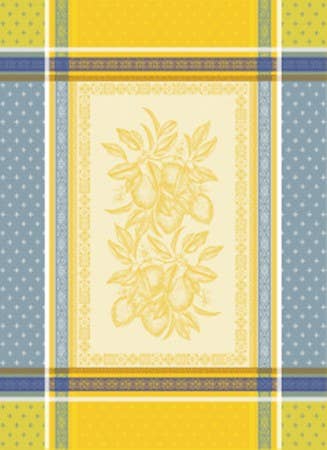 Add jacquard woven charm to your kitchen with this 20"x28" Lemons Tea Towel, featuring blue and yellow checks, subtle dots, and a central lemon-and-leaf design—crafted from 100% cotton.