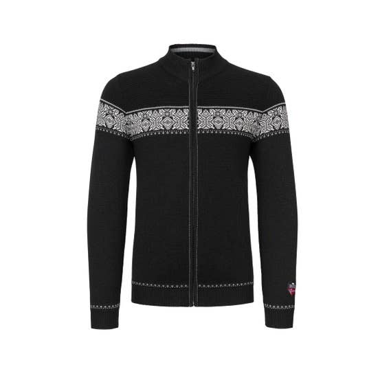 The Breheimen Merino Zip Cardigan in black is crafted from luxurious Merino wool, showcasing a striking white geometric Nordic design across the chest and shoulders.