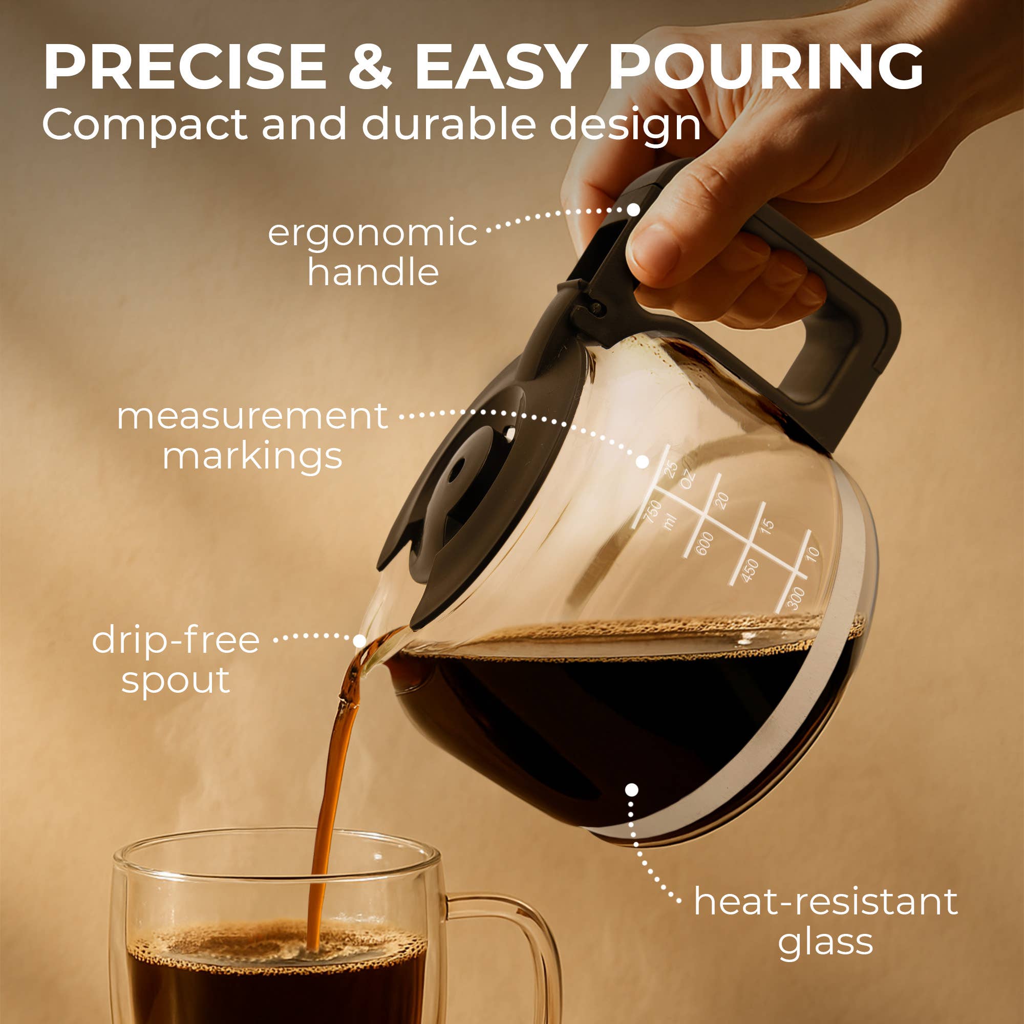 A hand pours coffee from the Kaffe Universal Replacement Coffee Carafe—5-cup durable glass pot with measurement markings and a black handle—into a cup. Its ergonomic handle, drip-free spout, and heat-resistant glass make it perfect for 5-cup coffee makers.