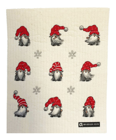 A white ecofriendly dish cloth featuring 9 different tomte with red hats and snowflakes, based on the "Dish Cloth: Tomte with Red Hat 9 Different Images with Snowflakes".