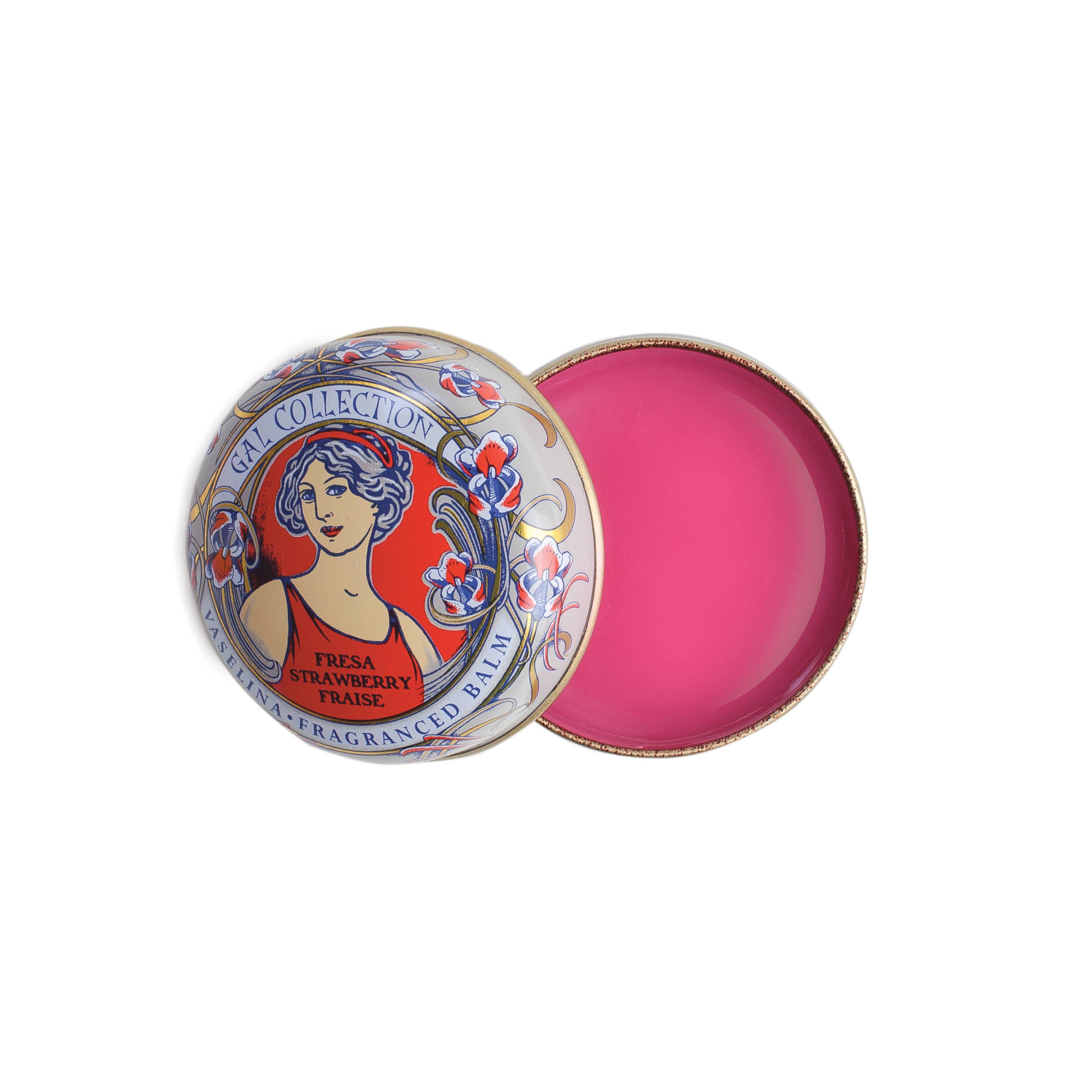 An open tin of "Sunny Strawberry" Lip Balm, labeled as "Lip Balm: Sunny Strawberry Tin 15ml," features a decorative lid with a vintage-style illustration of a woman and floral designs, providing both moisturizing lip treatment and natural shine.