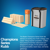 The Game: Kubb Champions Series Yard Game Viking Chess Game, featuring wooden pieces, a rulebook, and a carrying case, is displayed against a blue background—ideal for fun with friends and family.