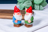 The Shakers: Garden Gnomes - Salt & Pepper Shakers feature two ceramic gnomes with red hats, one in a blue coat and one in green, displayed on a white cloth near a wooden tray and a leafy plant.
