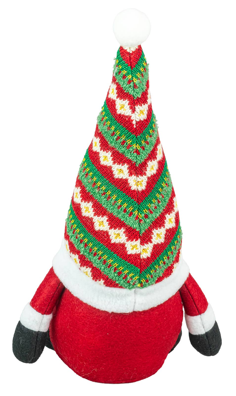 Plush gnome figure seen from behind, wearing a tall hat with red, green, and white zigzag patterns and a white pom-pom.