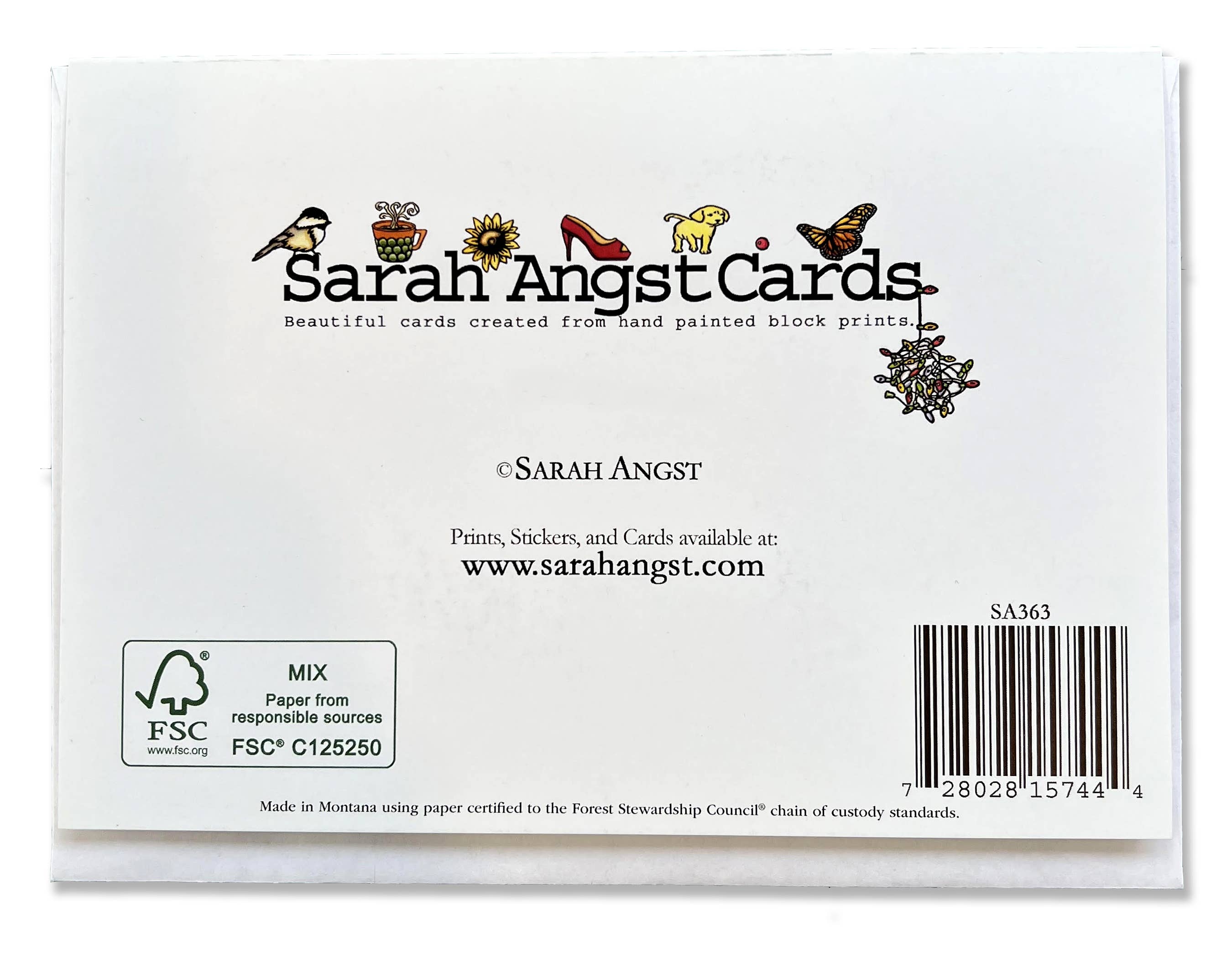 Back of the Card: Loon 5x7 Greeting Card with Envelope shows the Sarah Angst Art logo, small artwork, website info, FSC certification, and a barcode. Ideal for those who appreciate unique loon-themed blank greeting cards.