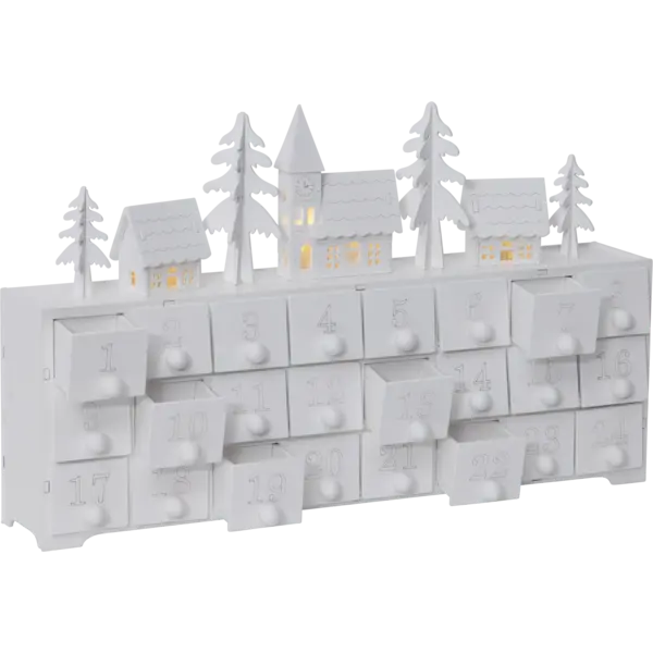 The Candelabra: Star Trading Yuletide Advent Calendar is a white calendar with numbered drawers and LED lights, showcasing a delightful decorative scene of houses and trees on top.