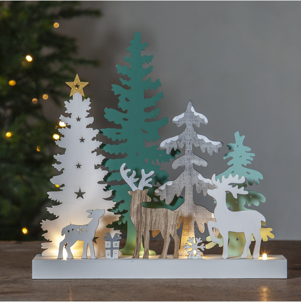 Create a cozy holiday atmosphere with the Star Trading Reinbek Candlestick—a battery-operated candelabra in greys and teals, featuring tree and reindeer cutouts illuminated by LEDs, perfect for your Christmas decor.